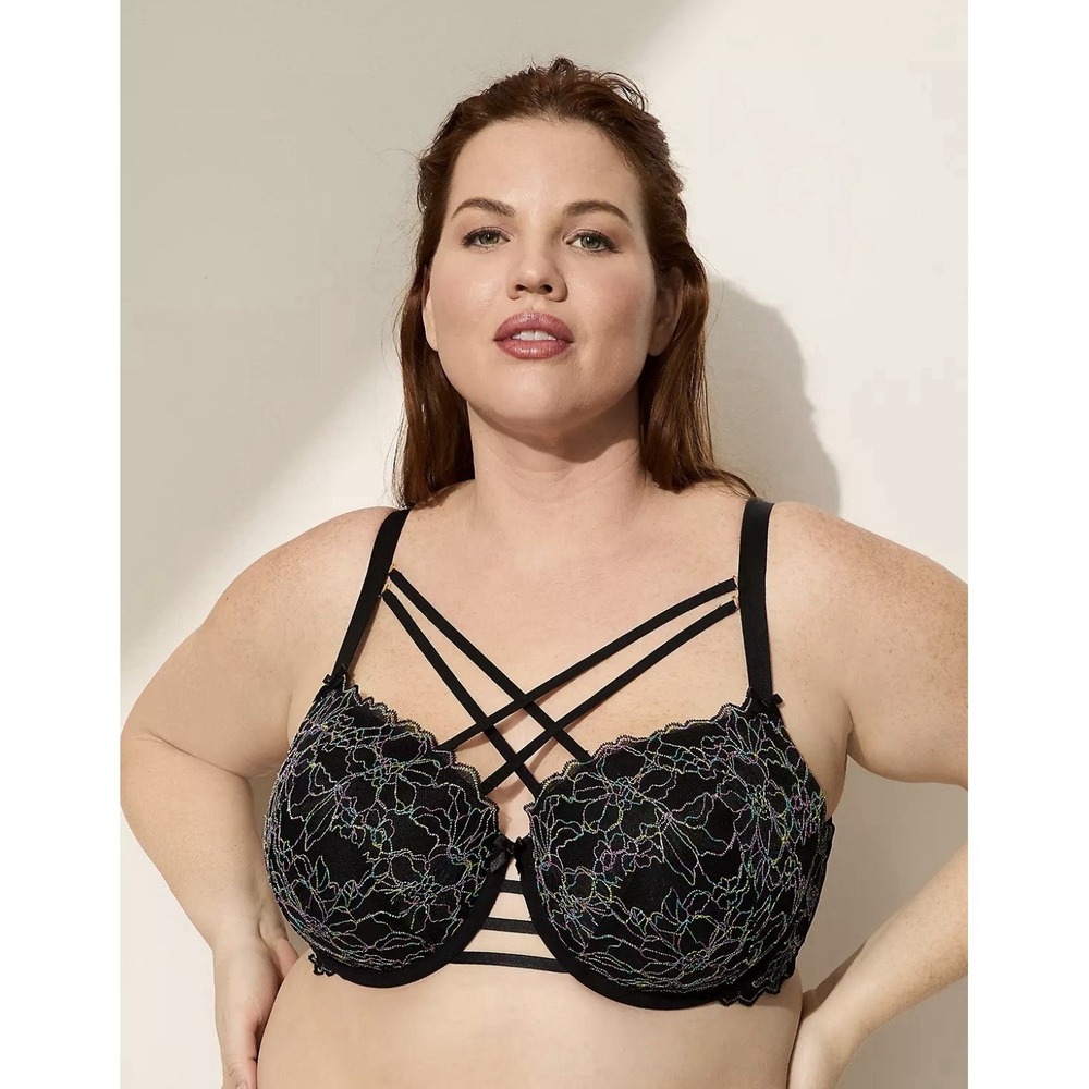 Lane Bryant Cacique Strappy-Neck Boost Balconette Bra 44DD Black & Lace NWT!